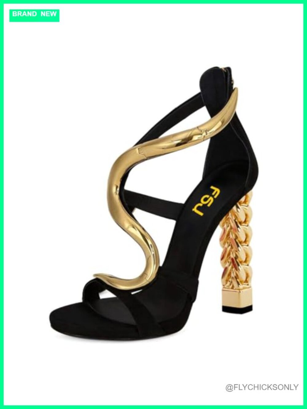 FSJ Women Gold Chain Chunky High Heels Ankle Strap Sandals Open Toe Summer